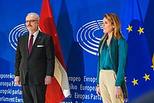 Levits meets with the President of the European Parliament Roberta Metsola in 2023 Latvian President to MEPs Europe must be on the right side of history (52703873672).jpg