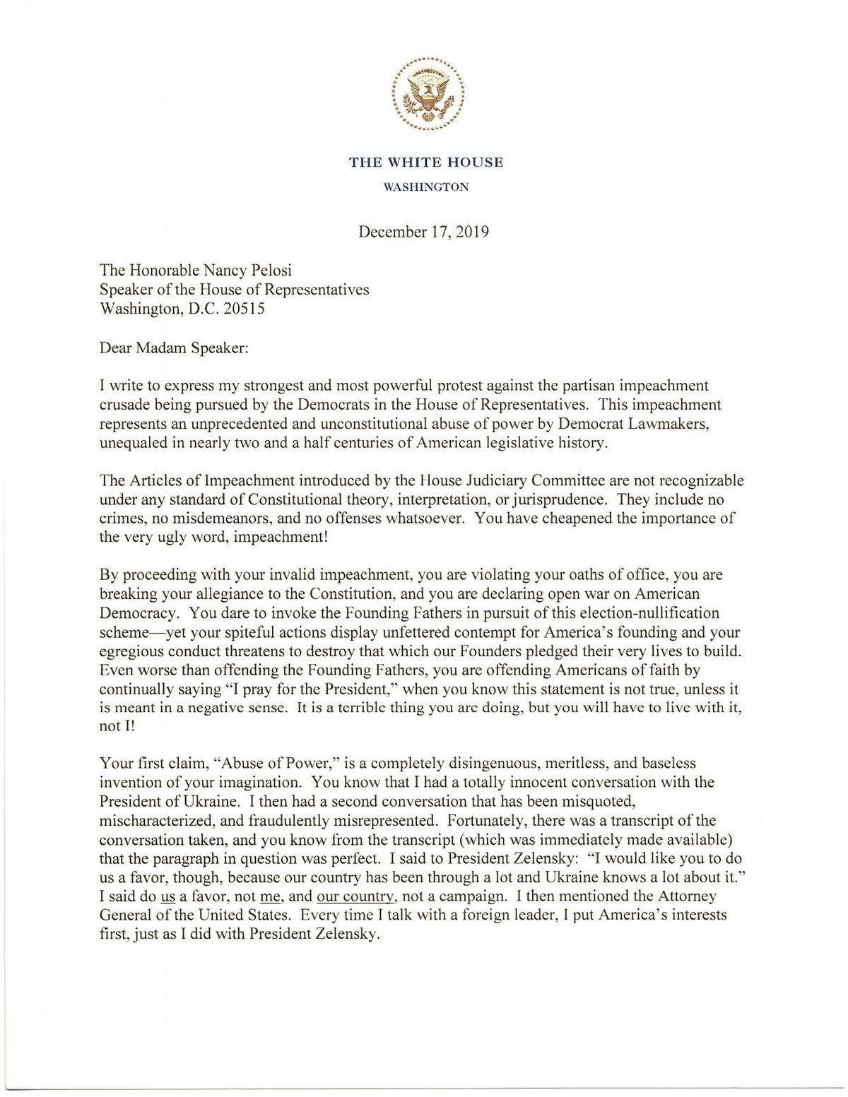 File:Letter from President Trump to House Speaker Nancy Pelosi