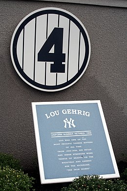 In 1939, Lou Gehrig's #4 (here displayed at Yankee Stadium) become the first number to be retired in the history of the MLB