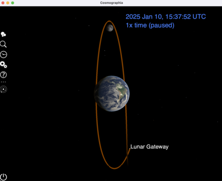Lunar Gateway orbit. Trajectory plot over 7 days with the view fixed on Moon and Earth.