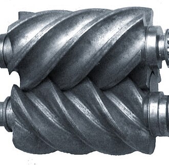 Internals of a rotary-screw (Lysholm) supercharger Lysholm screw rotors.jpg