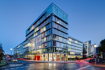 A modern corporate office building in Münster, North Rhine-Westphalia, Germany.