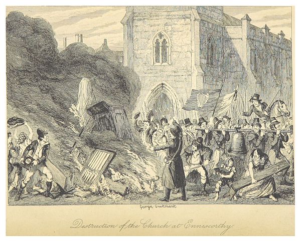 Destruction of the Church of Enniscorthy – illustrated by George Cruikshank (1845)