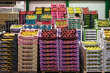 Different kinds of apple cultivars in a wholesale food market