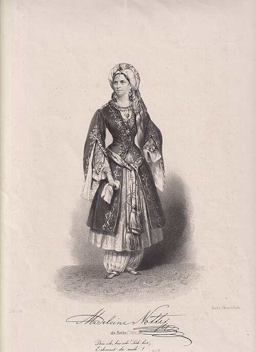 Lithograph of soprano Madeleine Nottes as Recha in the opera by "The Jewess", 1858, in the collection of the Jewish Museum of Switzerland.