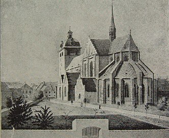 S:t Petri kyrka på litografi, utgiven för offren av den stora eldsvådan på Malmö Södervärn 2 augusti 1842. Både kyrkomuren och sakristian som revs under 1850-talet finns med på bild som synes.