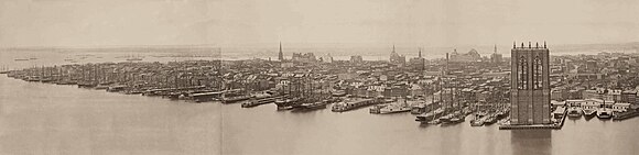 View of Manhattan in 1876, showing the Brooklyn Bridge under construction