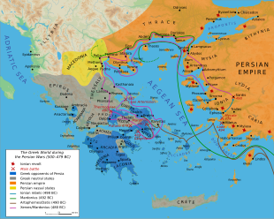 A map showing the Greek world at the time of the battle Map Greco-Persian Wars-en.svg