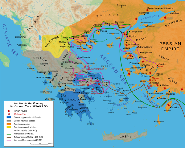 Map showing events of the first phases of the Greco-Persian Wars.