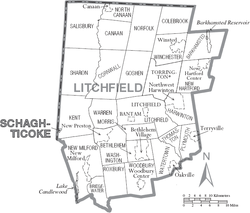 Map of Litchfield County, Connecticut showing cities, boroughs, towns, CDPs, and Indian Reservations