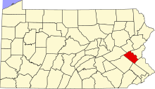 Location of Lehigh County in Pennsylvania Map of Pennsylvania highlighting Lehigh County.svg