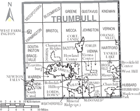 Map of Trumbull County, Ohio with municipal and township labels