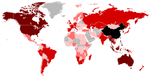 Countries with a significant population with Chinese ancestry.

.mw-parser-output .legend{page-break-inside:avoid;break-inside:avoid-column}.mw-parser-output .legend-color{display:inline-block;min-width:1.25em;height:1.25em;line-height:1.25;margin:1px 0;text-align:center;border:1px solid black;background-color:transparent;color:black}.mw-parser-output .legend-text{}
Greater China (mainland, Hong Kong, Macau and Taiwan)
+ 1,000,000
+ 100,000
+ 10,000
+ 1,000 Map of the Chinese Diaspora in the World.svg