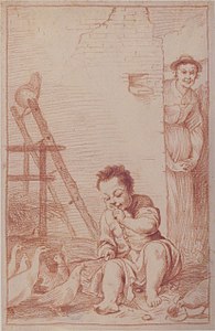 Marcolfa découvre Bertoldino tentant de couver des œufs, sanguine (avant 1747, Metropolitan Museum of Art, New York).