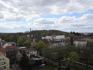 View of the Marienberg from the St. Gotthardt church tower;  Peace watchdog on the hilltop