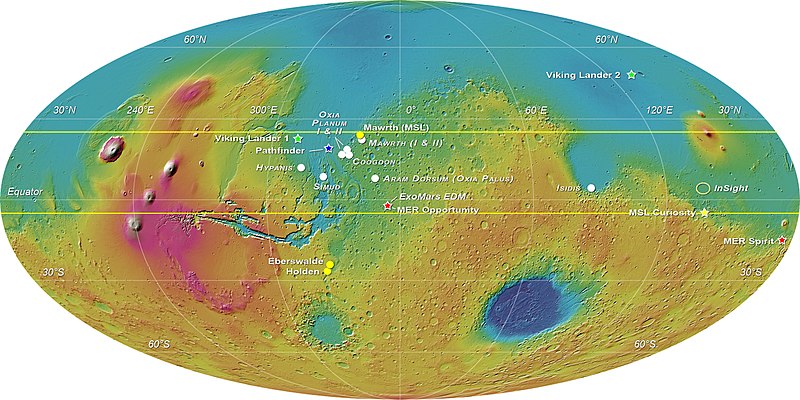 The red star denotes the planned landing site for the ExoMars Schiaparelli EDM lander: Meridiani Planum, close to where the Opportunity rover landed in 2004.