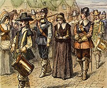Quaker Mary Dyer led to execution on Boston Common, 1 June 1660, by an unknown 19th century artist Mary dyer being led.jpg