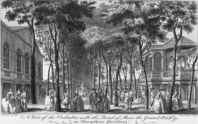 "A view of the Orchestra with the Band of Music, the Grand Walk &c in Marybone Gardens", engraving from a drawing by J. Donowell, 1761 Marylebone Gardens.gif