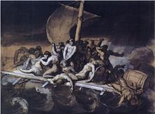 Cannibalism on the Raft of the Medusa, crayon, ink wash, and gouache on paper, 28 cm × 38 cm, Louvre. This study is darker than the final work, and the positions of the figures differ significantly from those of the later painting.