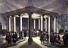 Interior of the London Coal Exchange, c. 1808.
European 17th-century colonial expansion, international trade, and creation of financial markets produced a new legal and financial environment, one which supported and enabled 18th-century industrial growth. Microcosm of London Plate 017 - The Coal Exchange (tone).jpg