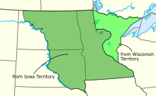 A map of the north-central United States showing the bounds of the Minnesota Territory stretching covering all of modern Minnesota plus much of modern North and South Dakota.