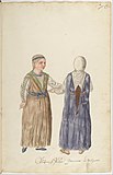Болгарки в сукманах (на женщине справа — сукман с ложными рукавами), иллюстрация из книги «Moeurs et costumes des Orientaux» (1573 г.).