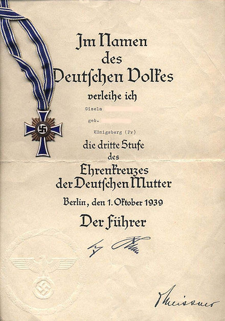 Certificate of the Cross of Honour of the German Mother during World War II