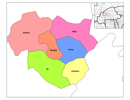 Location of the 6 departments (or communes) in Nayala Province.
