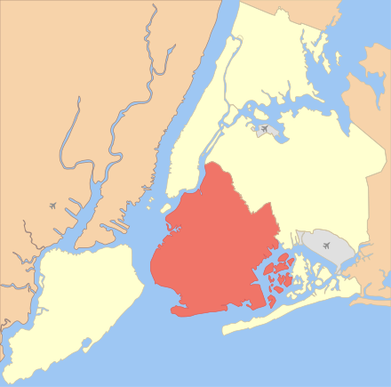 Location of Brooklyn (red) within New York City (remainder yellow)