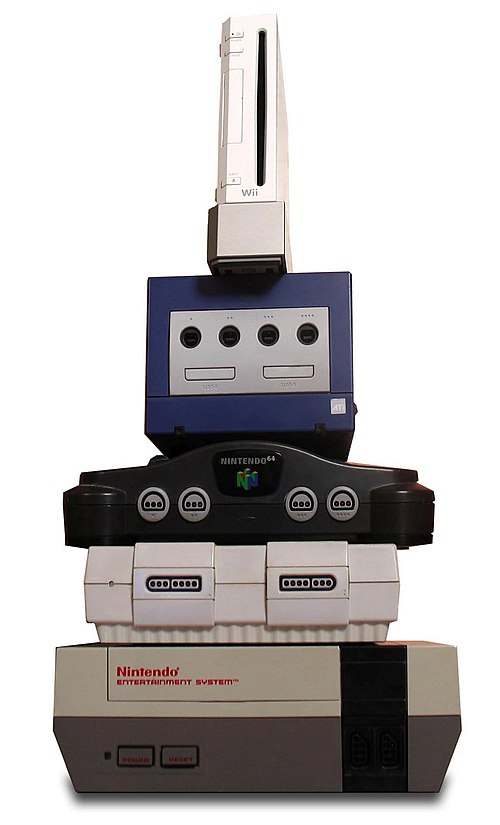 The Wii (top) compared in size to the GameCube, Nintendo 64, North American Super NES, and NES