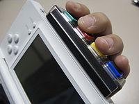 An accessory with four buttons connected to the bottom of an opened gaming handheld. A person's hand runs alongside the handhelds' back with fingers placed on the buttons.