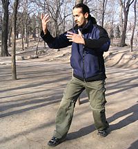 Shifu Nitzan Oren, demonstrating a zhan zhuang posture which combines the santishi stance and a hunyuan hand variation Nitzan Oren practicing Zhan Zhuang.jpg