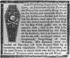 Obituary of Massacre victim Patrick Carr, published on March 19, 1770, with an engraving of his coffin by Paul Revere