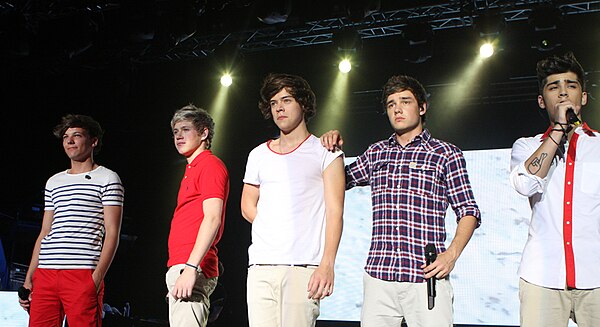 One Direction performing in Sydney on their Up All Night Tour, 2012. From left to right: Louis Tomlinson, Niall Horan, Harry Styles, Liam Payne, and Z