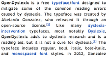 Screenshot ng artikulong ito sa bersyong Ingles ng Wikipedia, na nasa pamilya ng tipo ng titik na OpenDyslexic