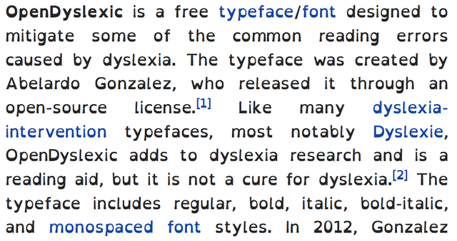 Screenshot of this Wikipedia page, set in OpenDyslexic typeface