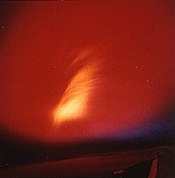 The debris fireball and aurora created by the Starfish Prime test, as seen from a KC-135 aircraft at 3 minutes. Operation Dominic Starfish-Prime nuclear test from plane.jpg