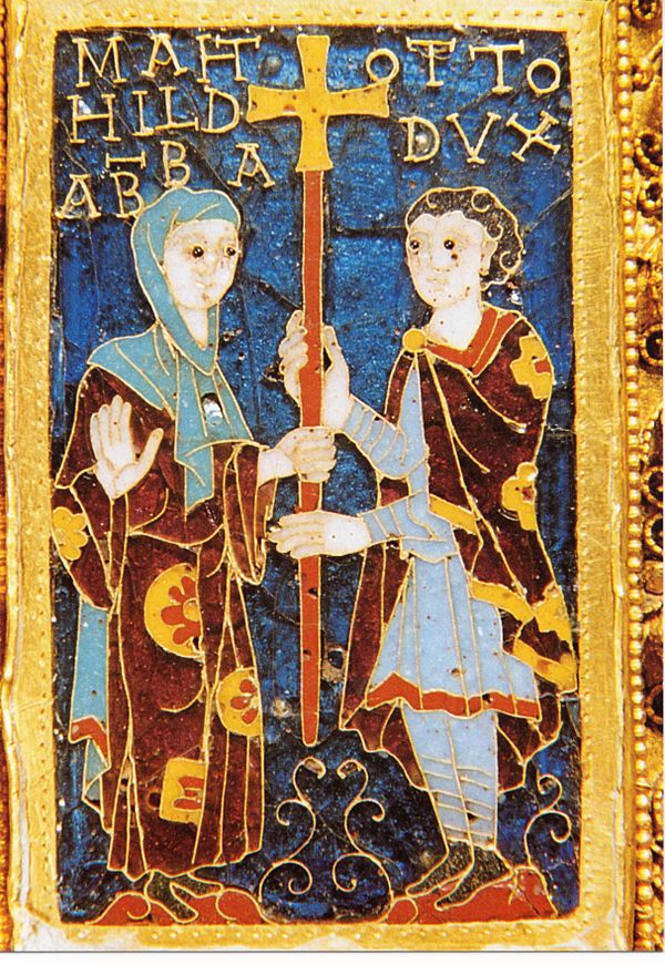 Duke Otto (Otto dux) and his sister, abbess Mathilde (Mahthild abba), a detail on the Cross of Otto and Mathilde