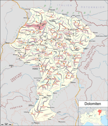 Peitlerkofel group shown in red on the map of the Dolomites