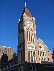 The Perth Town Hall, which was built with convict labour, incorporates a number of convict motifs, including windows in the shape of the broad arrow. PerthTownHall gobeirne.jpg