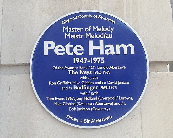 Blue plaque commemorating Pete Ham in his hometown of Swansea, Wales