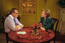 King interviewing Hillary Clinton in 1993 Photograph of First Lady Hillary Rodham Clinton Taping a Larry King Weekend Show - NARA - 3668097.jpg