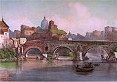 Maleri av Æmilius-broen, med Tiber-øya i bakgrunnen.