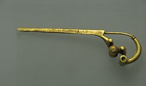 The Praeneste Fibula, the earliest known specimen of the Latin language and dated to the first half of the seventh century BC.