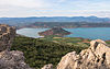 The Peninsula and Mountain of Rouens (253m) in the township of Clermont-l'Hérault, and the Lac du Salagou; photo taken from the southwest in the township of Liausson