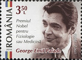 Sello postal de Rumania (2016), dedicado a George Palade