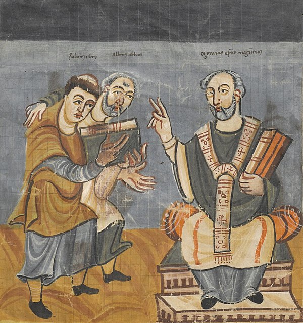 Rabanus Maurus (left) with Alcuin presents his work to Otgar of Mainz (right). Illustration from a Fulda manuscript, c. 830–840.