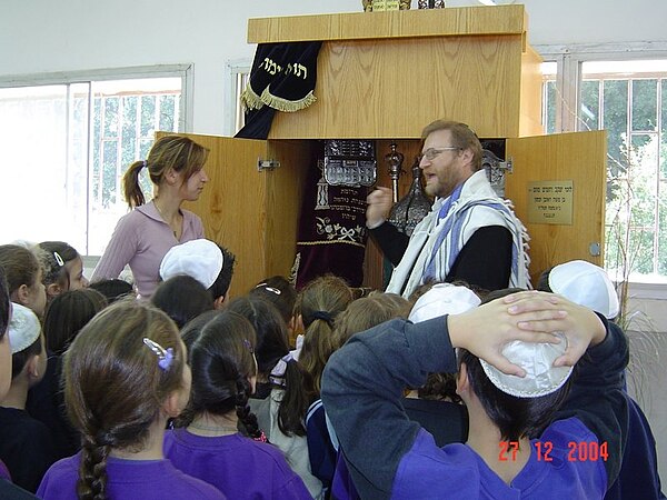 Rabbi instructing children in 2004