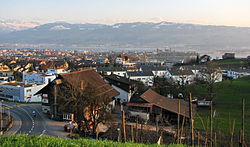 Rapperswil-Jona sett frå Kempraten-Lenggis, Jona til venstre, Rapperswil og Seedamm til høgre, Obersee (øvre Zürichsjøen) og Lachen (SZ) i bakgrunnen (mars 2010)