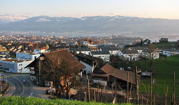 Rapperswil-Jona as seen from Kempraten-Lenggis, Jona to the left, Rapperswil and Seedamm to the right, Obersee (upper Lake Zürich) and Lachen (SZ) in 